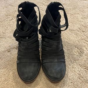 Free People- navy suede strappy bootie.